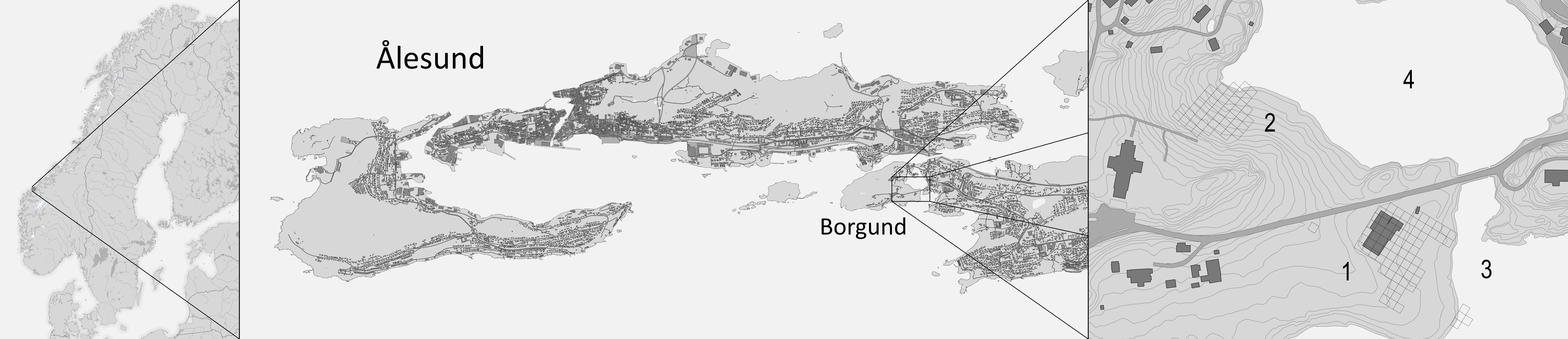 Fig 1. Borgund, located by Ålesund in western Norway. (1) Southern site, (2) Northern Site, (3) The Klokkersundet strait (4) Katavågen (Map: M. Blobel & G. Hansen).