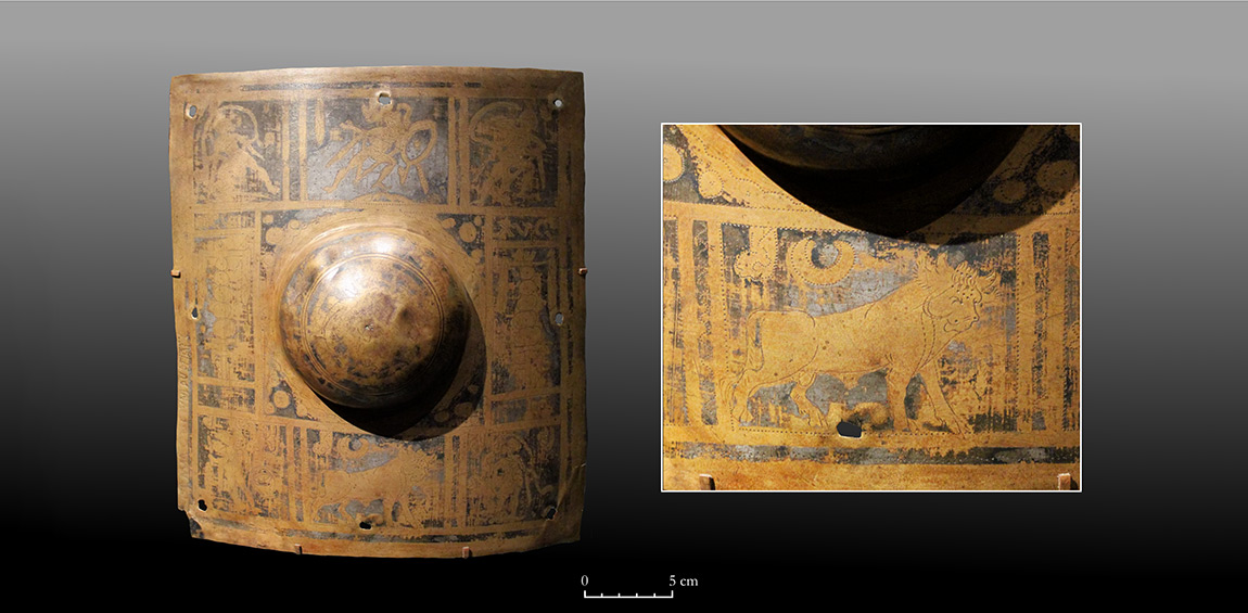 Early 2nd century AD shield boss from the River Tyne, United Kingdom, with partial tinning on its flat surface to highlight the shapes created by incisions and punching. Photo by M.A. Wijnhoven. 