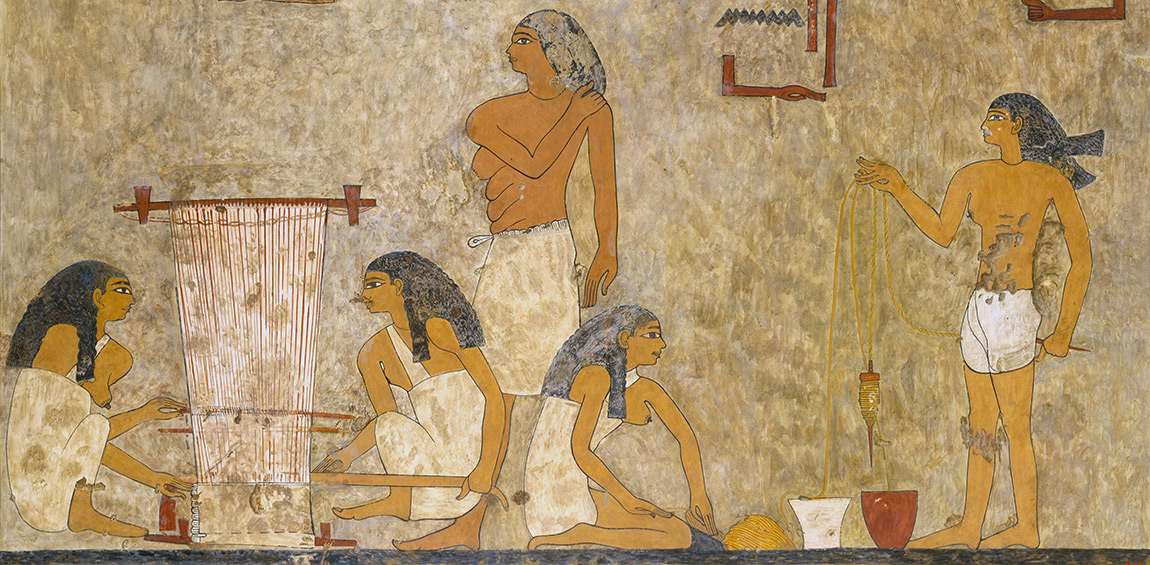 Weavers, Tomb of Khnumhotep. Painting by Norman de Garis Davies depicting part of a scene in the tomb of Khnumhotep (tomb 3) at Beni Hasan. CC0 1.0 Metropolitan Museum of Art.