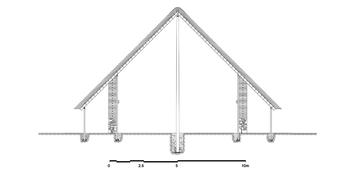 Idealised reconstruction of a cross-section of the building in the area east of Β-Β΄, with ‘prop-and-ridgepole’ or ‘column-and-ridgepole’ roof construction.