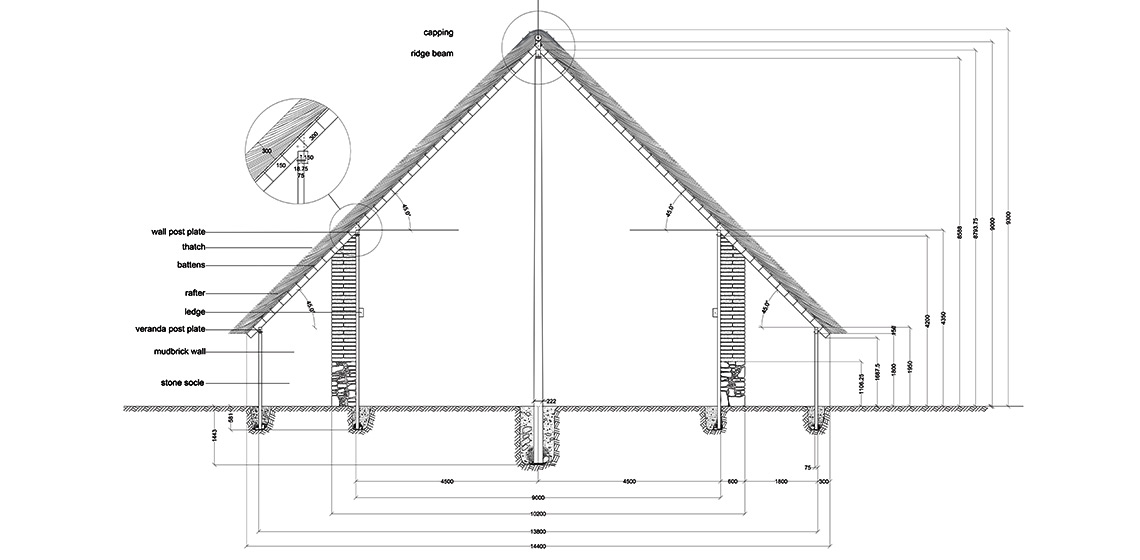 Idealised reconstruction of a cross-section of the building in the area east of Β-Β΄, with ‘prop-and-ridgepole’ or ‘column-and-ridgepole’ roof construction.